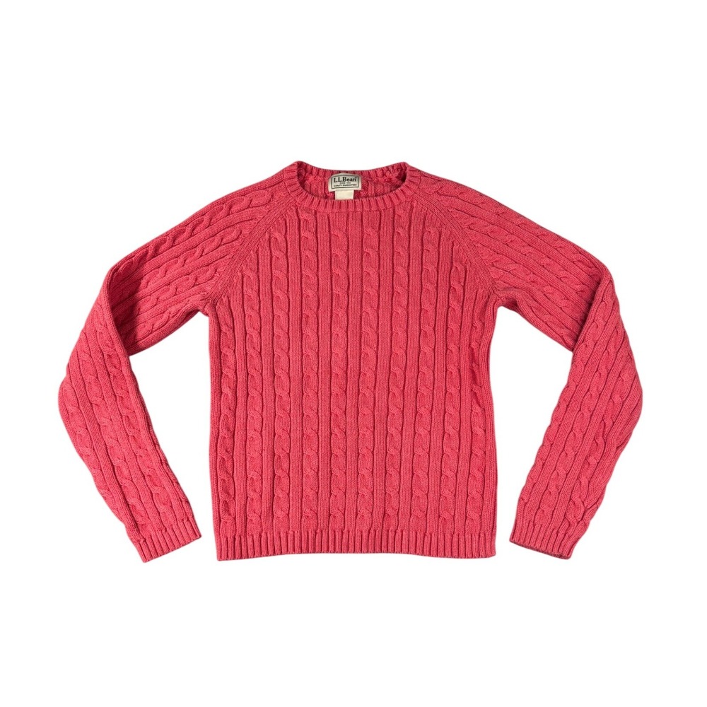 LL Bean Womens XS Pink Cable Knit Cotton Crewneck Sweater Raglan Sleeve